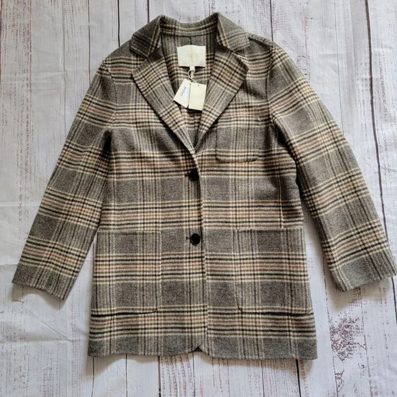 Maje Garion Plaid Wool Blend Blazer Nuetral Collared Women's 36 NWT - Picture 1 of 6